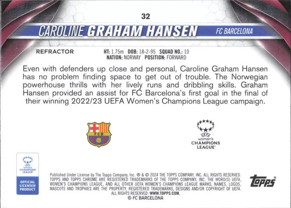Topps Womens Chrome 2023-2024 Caroline Graham Hansen Barcelona Card #32