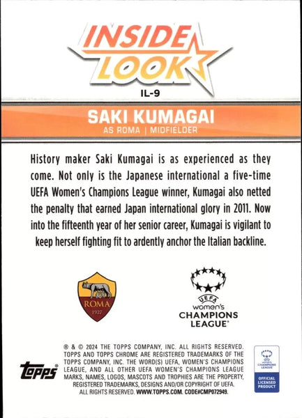 Topps Womens Chrome 2023-2024 Saki Kumagai AS Roma Inside Look Card